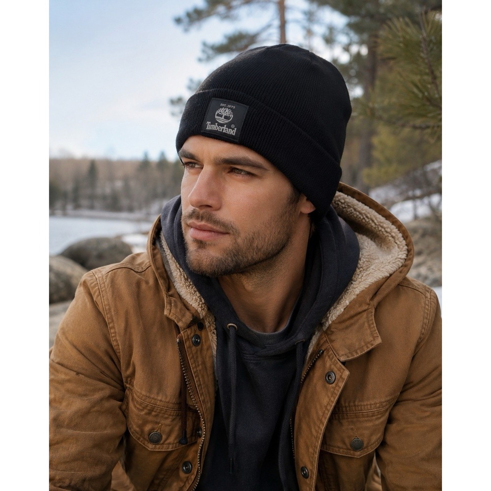 Timberland Black Cuffed Beanie Hat EST 1973 Logo Patch Unisex One Size